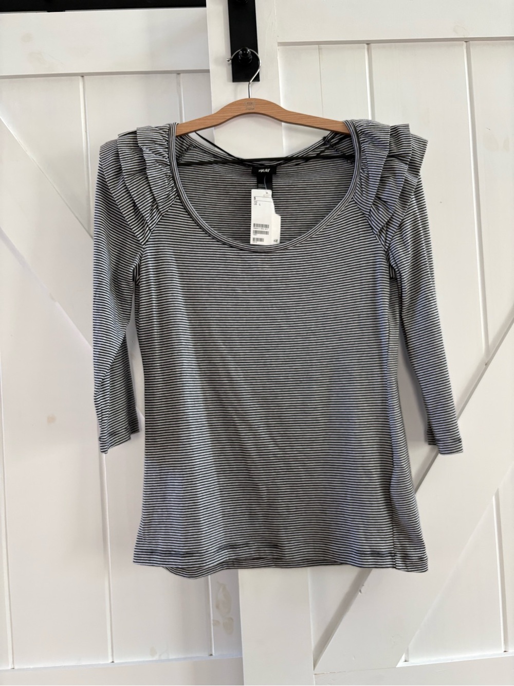 H&M Striped Cotton Scoop Neck Top with Ruffle Shoulders